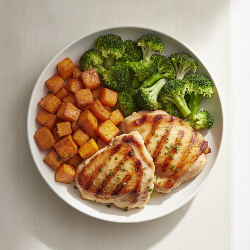 Grilled Chicken Thigh and Roasted Sweet Potato Bowl with Steamed Vegetables
