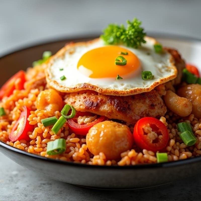 Spicy Kimchi Fried Rice with Crispy Eggs and Fresh Vegetables