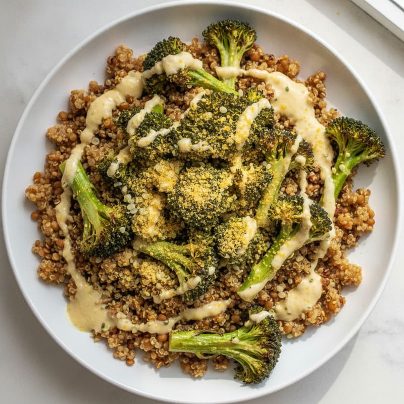 Crispy Lentil and Quinoa Power Bowl with Roasted Broccoli