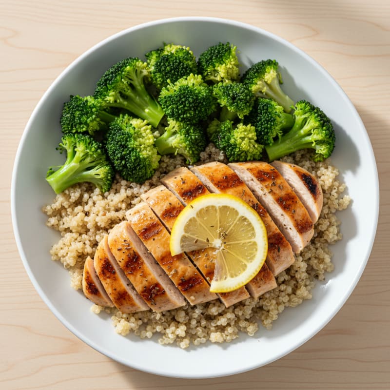 Grilled Chicken Breast with Steamed Broccoli and Quinoa