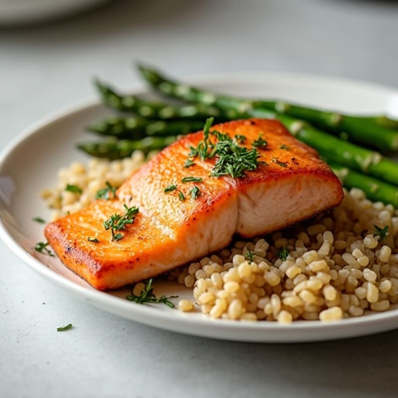 Josy Seared Salmon with Roasted Asparagus and Brown Rice