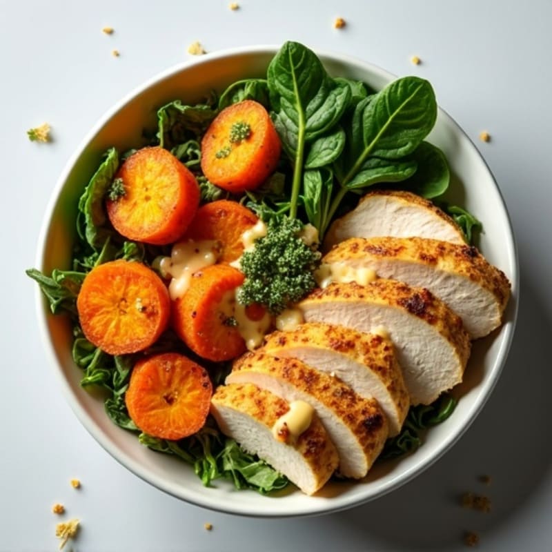 Roasted Chicken and Crispy Sweet Potato Bowl with Fresh Greens and Creamy Lemon Tahini Dressing