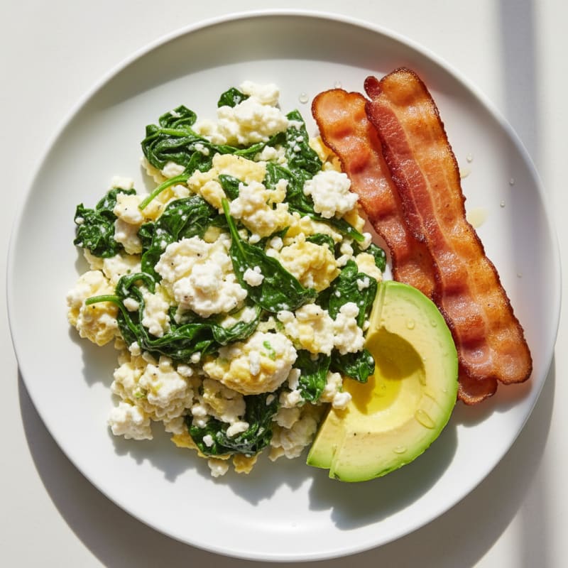 Cottage Cheese Scramble with Spinach and Turkey Bacon