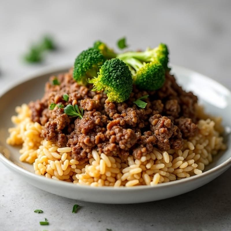 Lean Ground Beef and Brown Rice with Roasted Broccoli