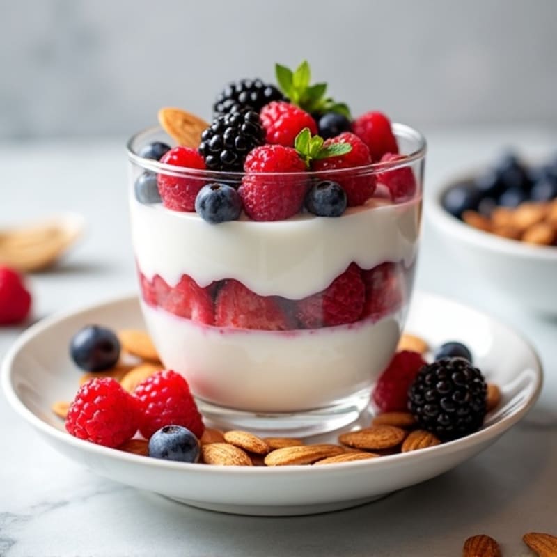 Greek Yogurt Protein Parfait with Mixed Berries and Almonds
