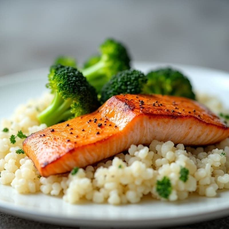Seared Salmon with Steamed Broccoli and Cauliflower Rice