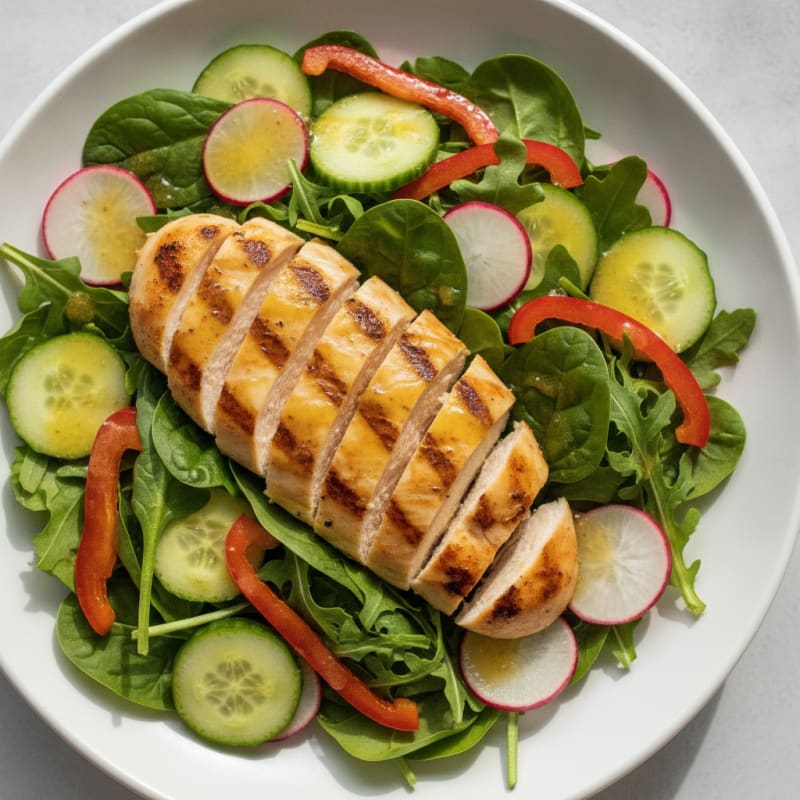 Grilled Chicken Breast Salad with Crunchy Vegetables and Lemon Vinaigrette
