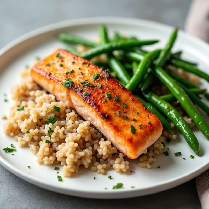 Seared Salmon with Garlic Green Beans and Steamed Brown Rice