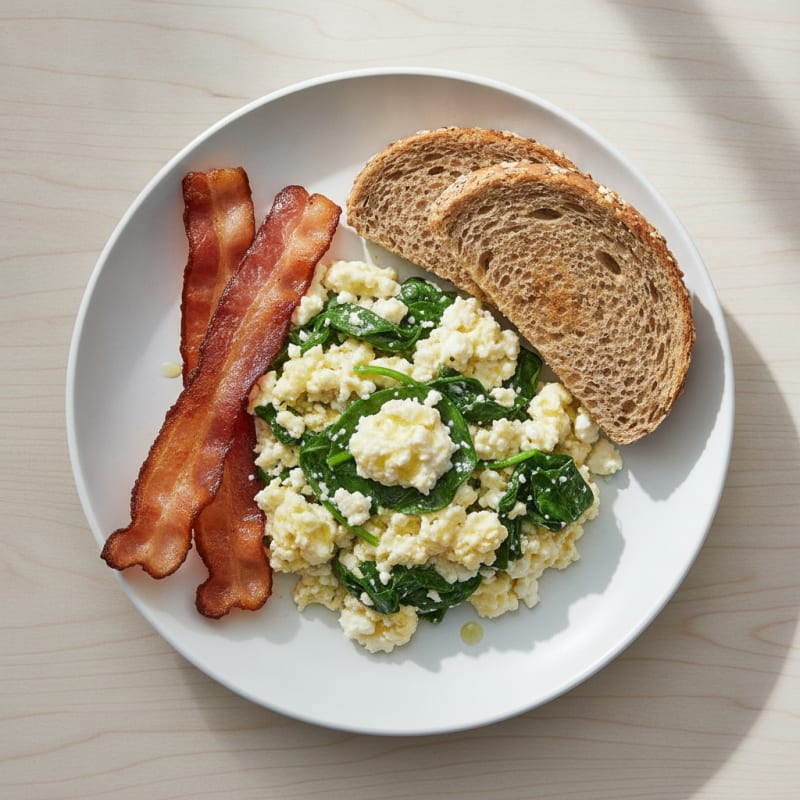 Cottage Cheese Scramble with Spinach and Turkey Bacon