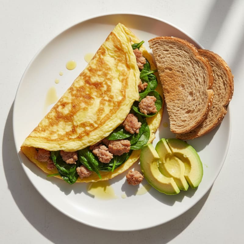 Crispy Egg White Omelet with Turkey Sausage and Sautéed Spinach