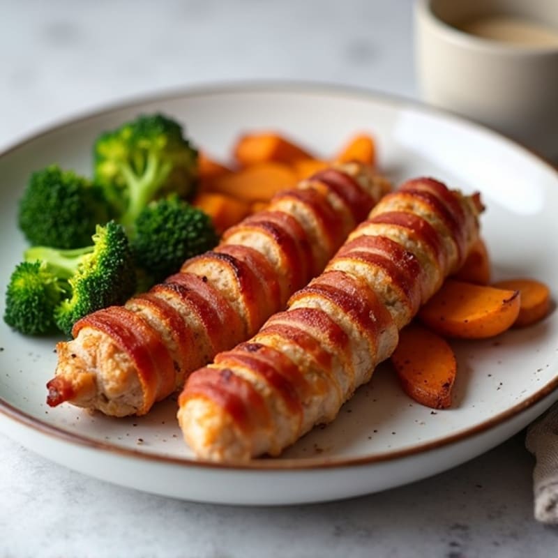 Crispy Bacon-Wrapped Chicken Sausages with Roasted Sweet Potatoes and Broccoli