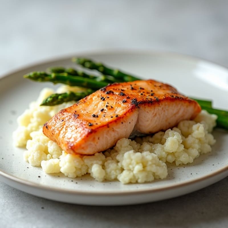 Seared Salmon Fillet with Steamed Asparagus and Cauliflower Mash
