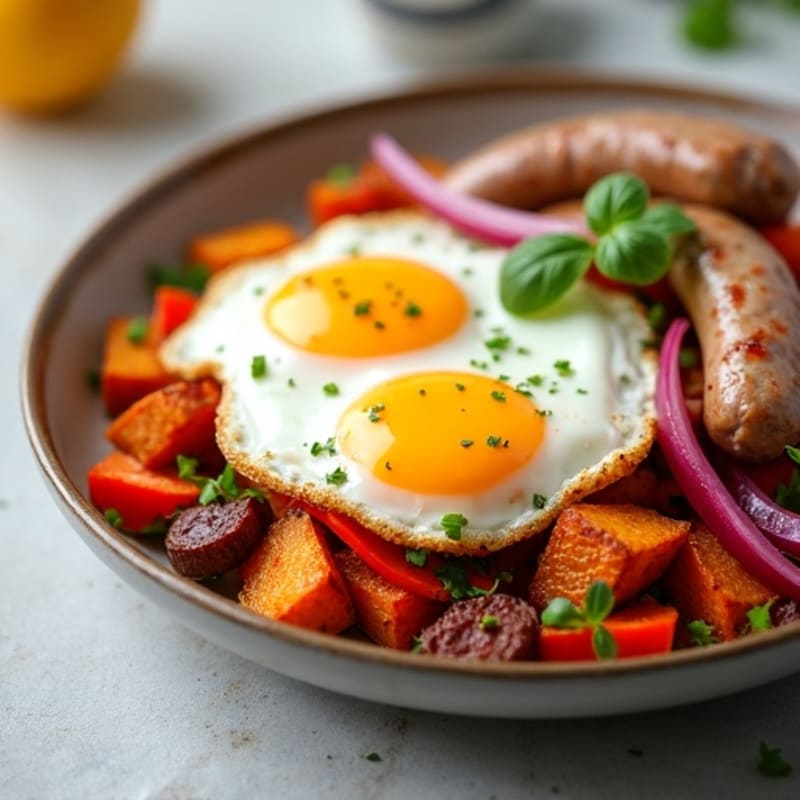 Crispy Sweet Potato and Turkey Sausage Hash with Sunny-Side Up Eggs