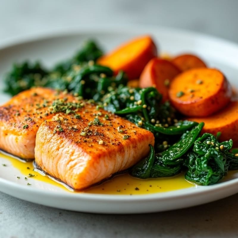 Turmeric-Spiced Roasted Salmon with Wilted Spinach and Roasted Sweet Potatoes