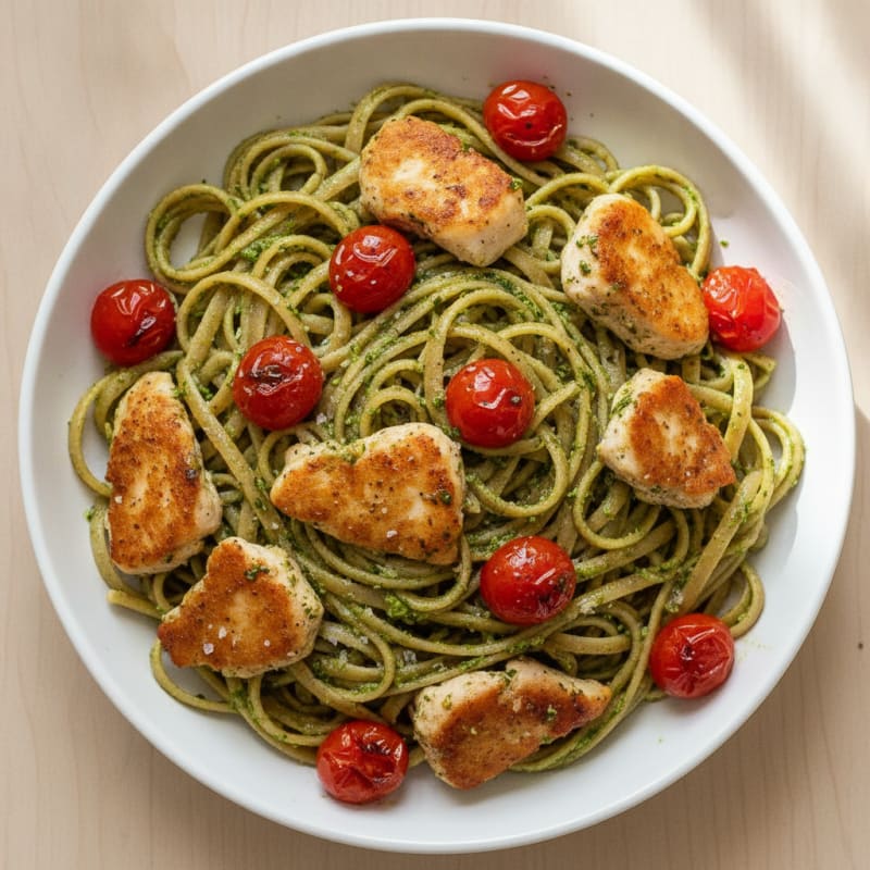 Pesto Chicken Linguine with Blistered Tomatoes