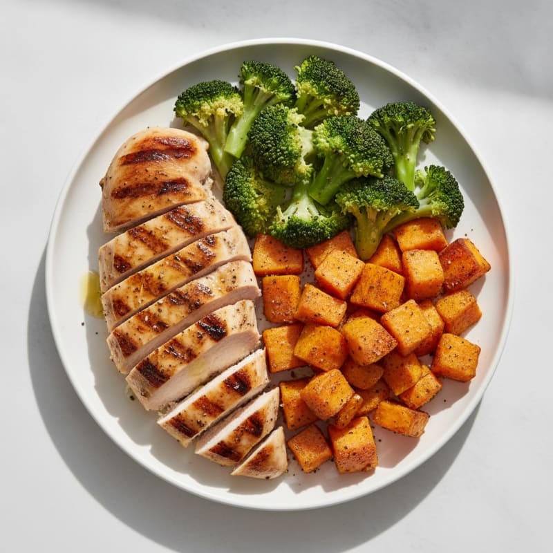 Grilled Chicken Breast with Roasted Sweet Potato and Steamed Broccoli