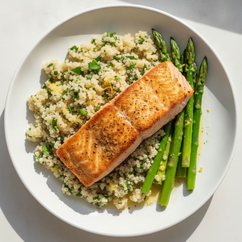 Seared Salmon with Herb-Lemon Quinoa and Steamed Asparagus