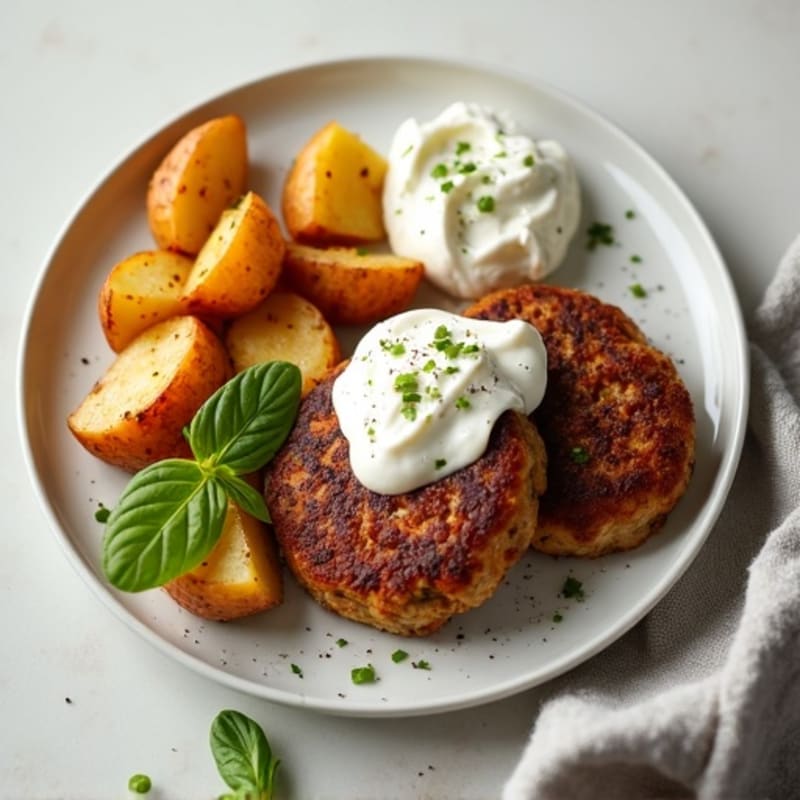 Lean Beef Patties with Crispy Roasted Potatoes and Creamy Cottage Cheese