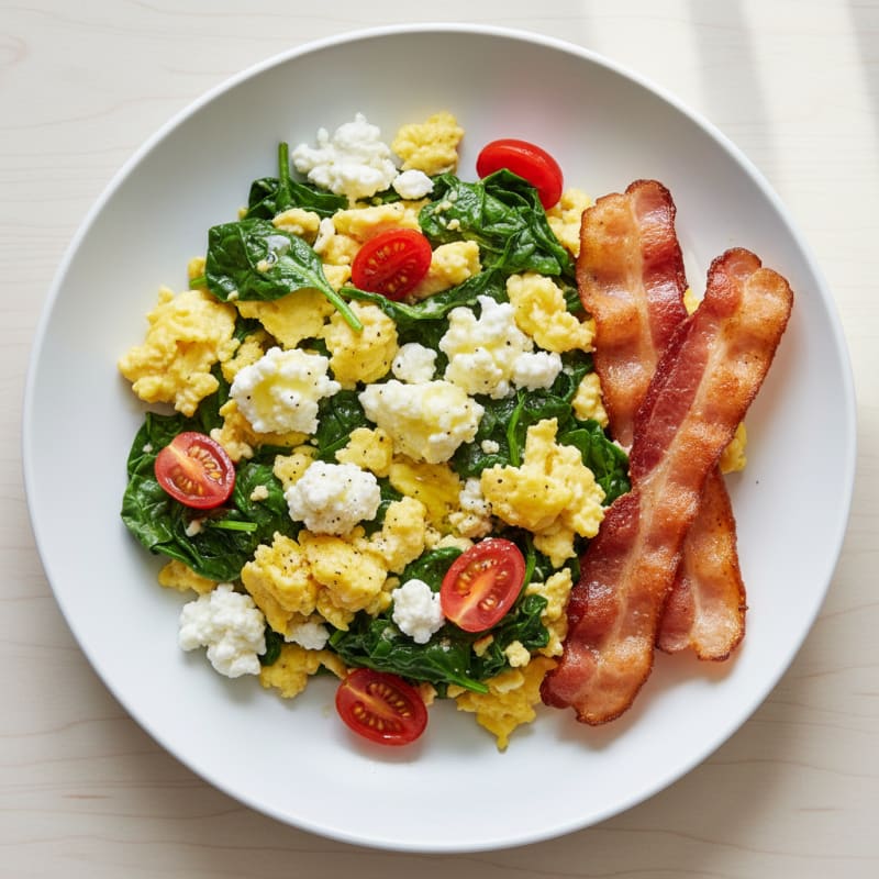 Cottage Cheese Scramble with Spinach and Turkey Bacon