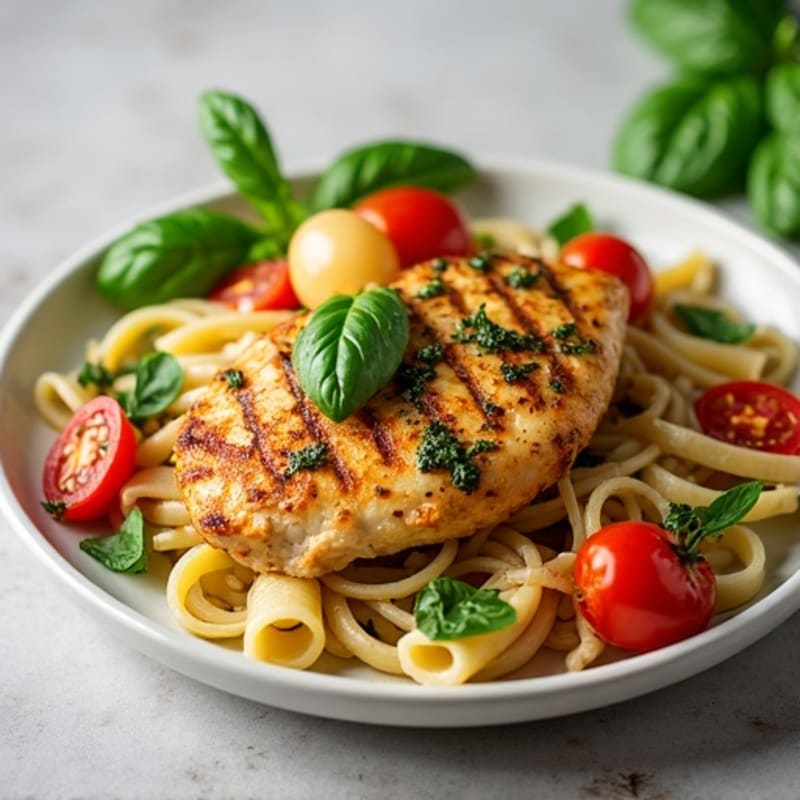 Fresh Pesto Chicken Whole Wheat Pasta with Blistered Tomatoes