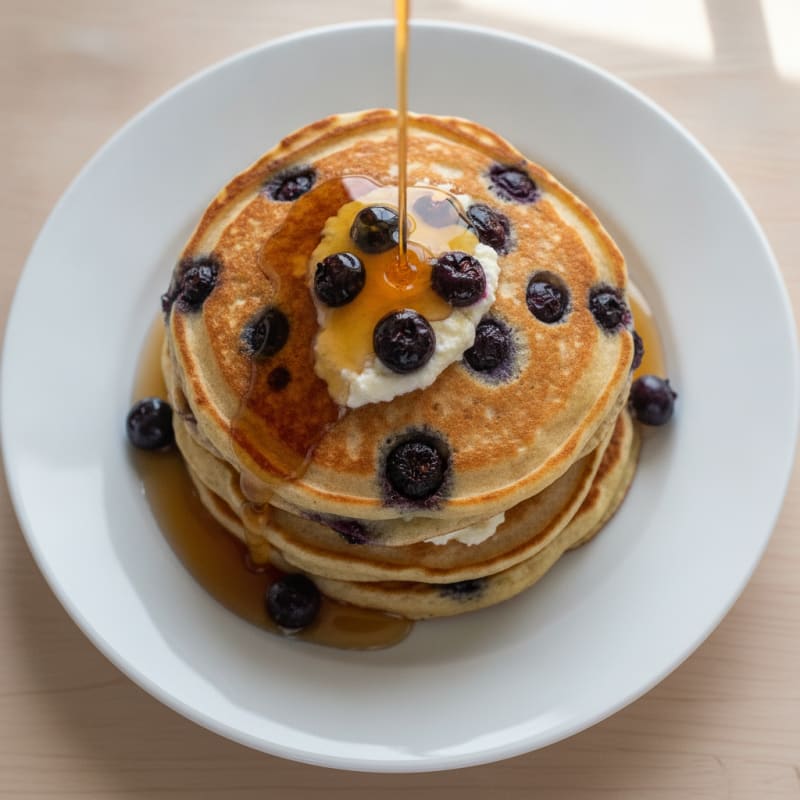 Blueberry Ricotta Pancakes with Maple Syrup