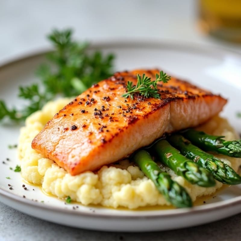Seared Salmon with Steamed Asparagus and Garlic Mashed Cauliflower
