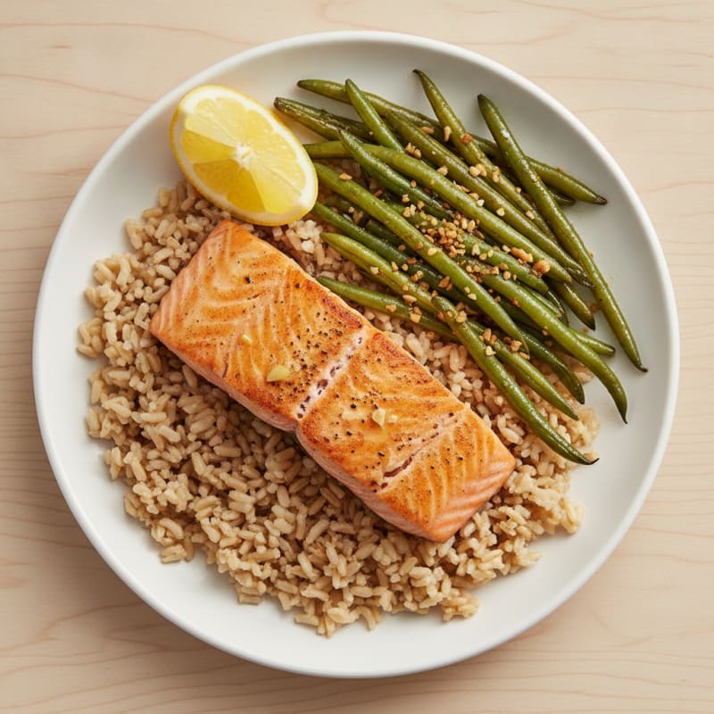 Seared Salmon with Garlic Green Beans and Brown Rice
