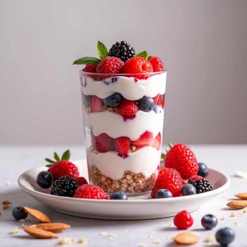 Greek Yogurt Protein Parfait with Mixed Berries and Almonds