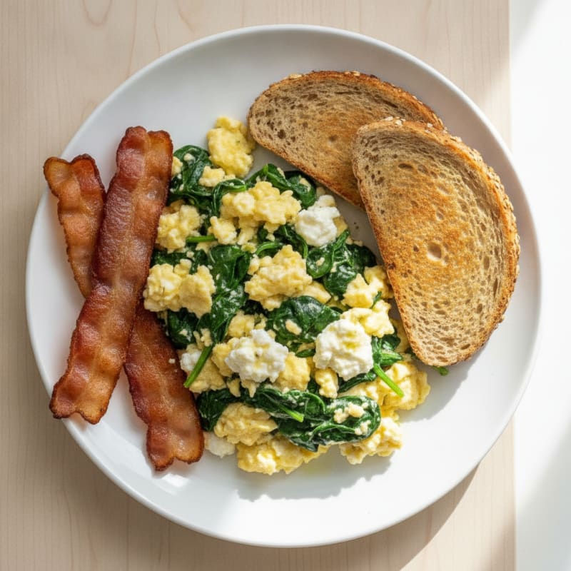 Cottage Cheese Scramble with Sautéed Spinach and Turkey Bacon