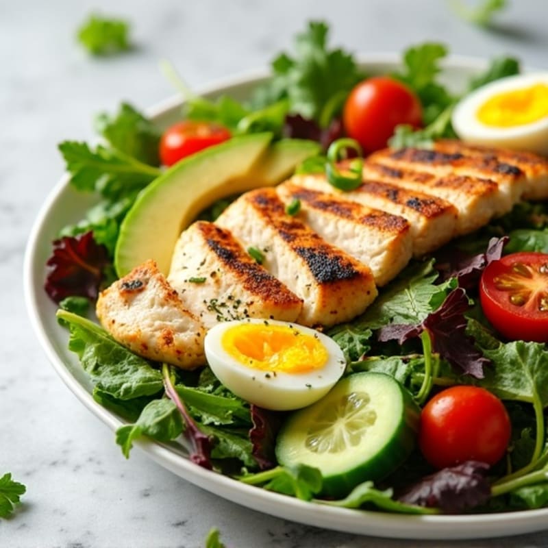 Grilled Chicken Salad with Fresh Greens, Hard-Boiled Eggs, and Creamy Avocado