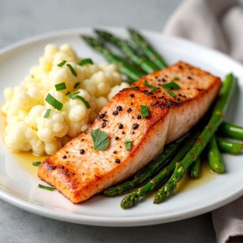 Seared Salmon with Steamed Asparagus and Garlic Mashed Cauliflower