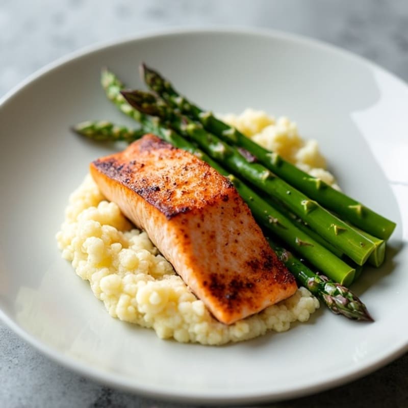 Seared Salmon with Steamed Asparagus and Garlic Cauliflower Mash