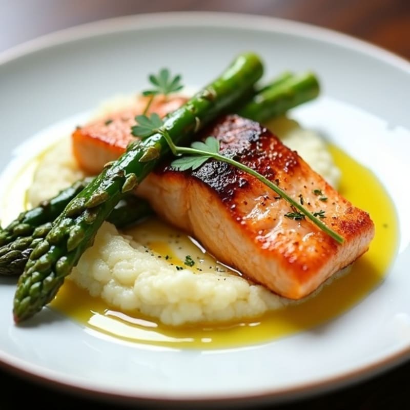 Seared Salmon with Steamed Asparagus and Cauliflower Mash