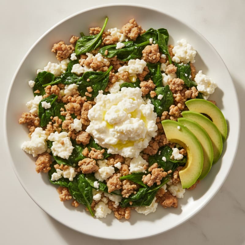 Egg White and Turkey Spinach Scramble with Cottage Cheese