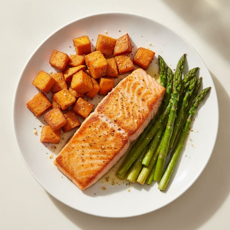 Seared Salmon with Roasted Sweet Potato and Asparagus