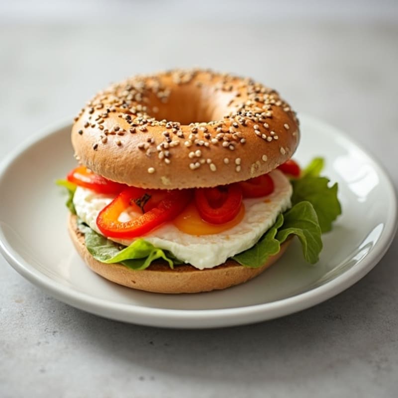 Egg and Cottage Cheese Bagel Sandwich with Sautéed Peppers