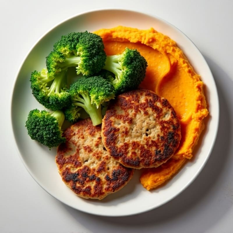 Seared Turkey Patties with Steamed Broccoli and Sweet Potato Mash