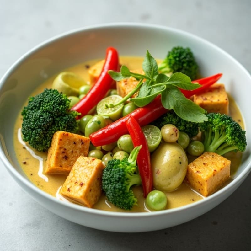 Creamy Green Curry with Crispy Tofu and Fresh Vegetables