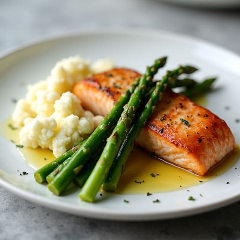 Seared Salmon with Steamed Asparagus and Mashed Cauliflower
