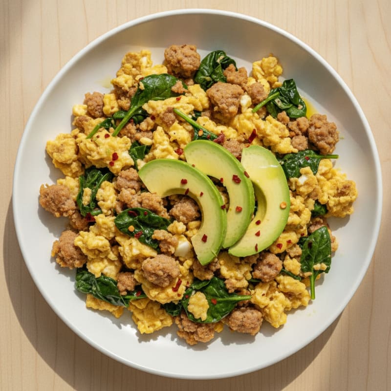 Spicy Scrambled Eggs with Turkey Sausage and Sautéed Spinach