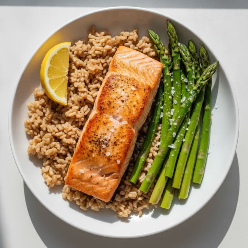 Seared Salmon with Steamed Asparagus and Brown Rice