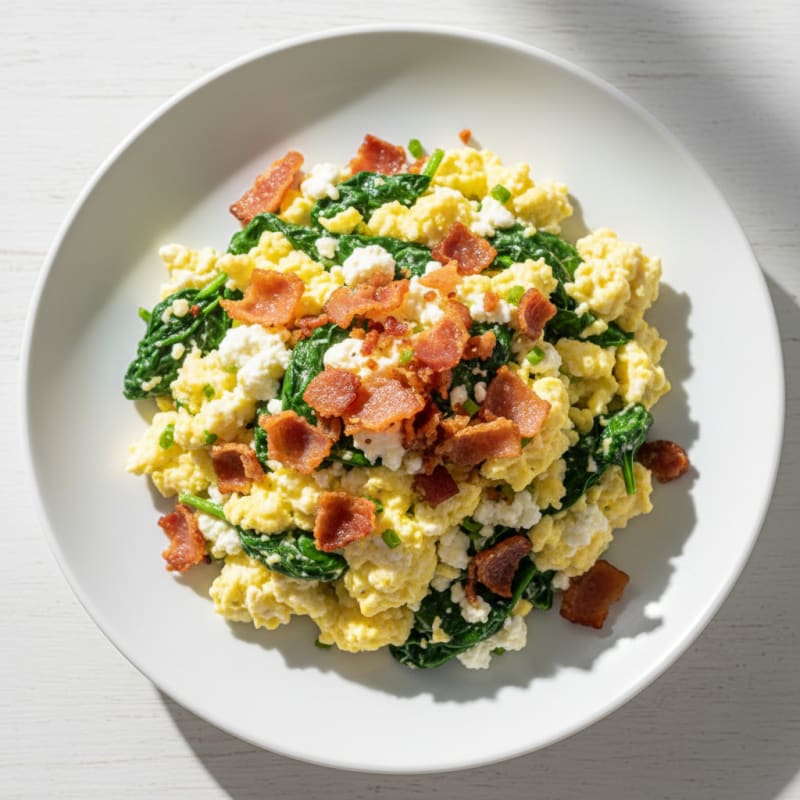 Cottage Cheese Egg Scramble with Spinach and Turkey Bacon