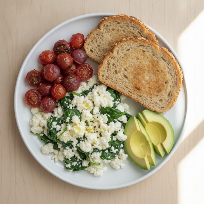 Egg White and Cottage Cheese Scramble with Spinach and Cherry Tomatoes