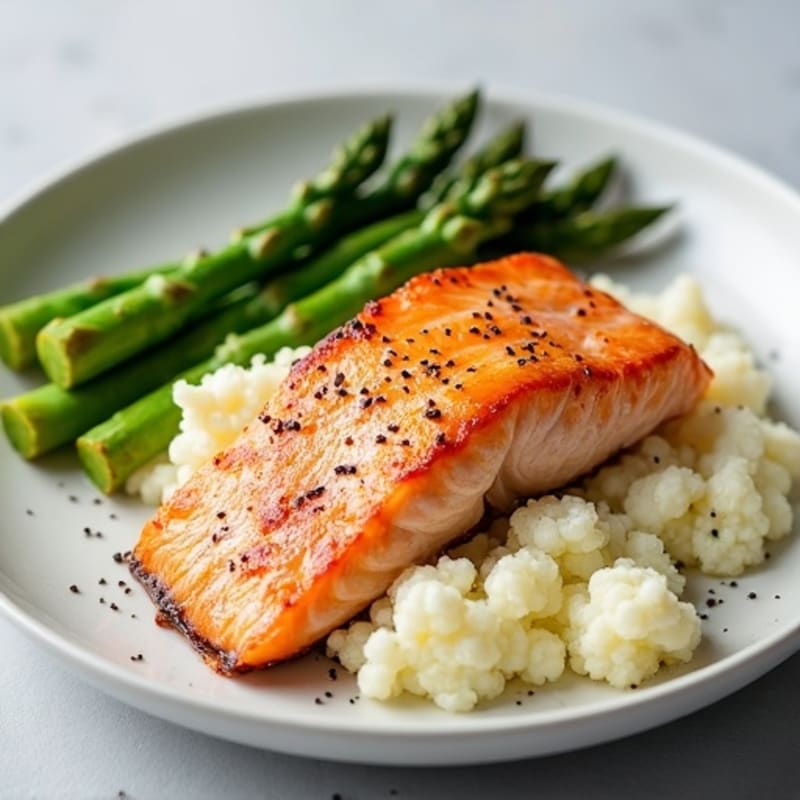 Seared Salmon Filet with Steamed Asparagus and Cauliflower Mash