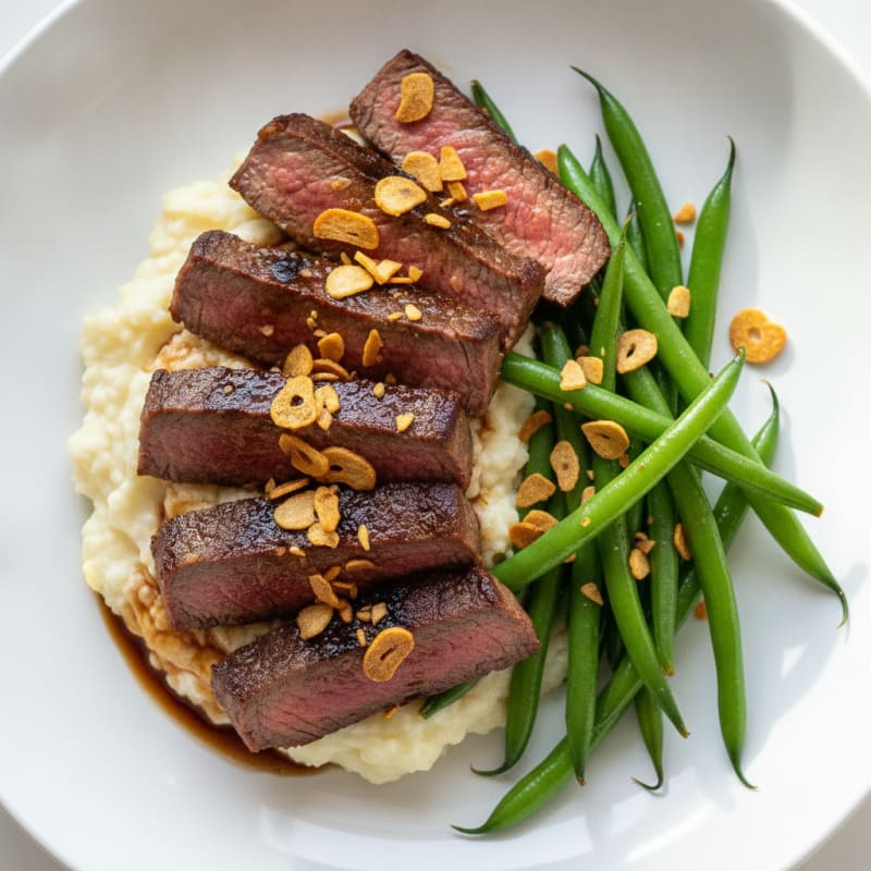 Seared Lean Beef Strips with Steamed Green Beans and Cauliflower Mash