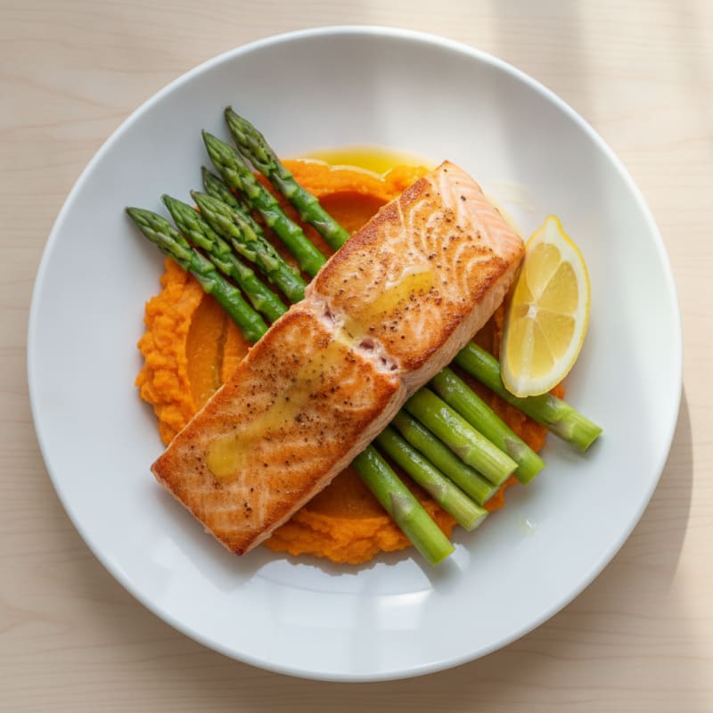 Seared Salmon with Steamed Asparagus and Sweet Potato Mash