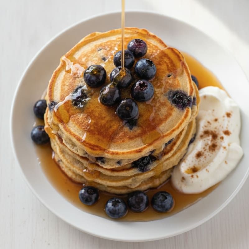 Blueberry Ricotta Pancakes with Maple Syrup