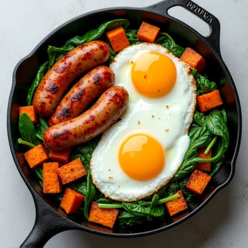Crispy Sweet Potato and Lean Chicken Sausage Skillet with Fresh Spinach and Eggs