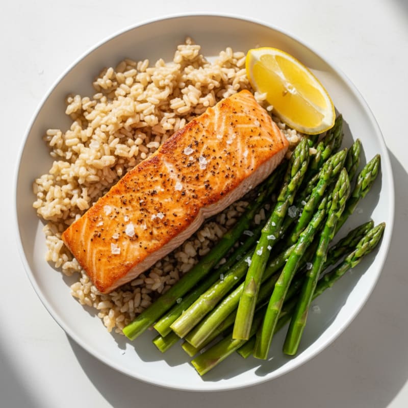 Seared Salmon with Steamed Asparagus and Brown Rice