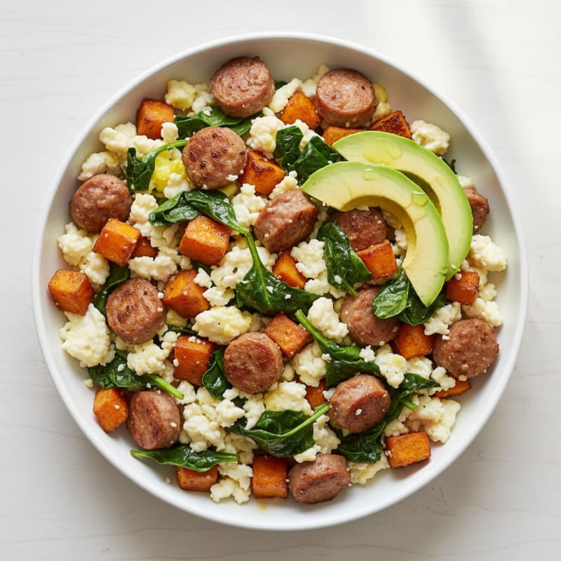 Crispy Egg White and Turkey Sausage Scramble with Spinach